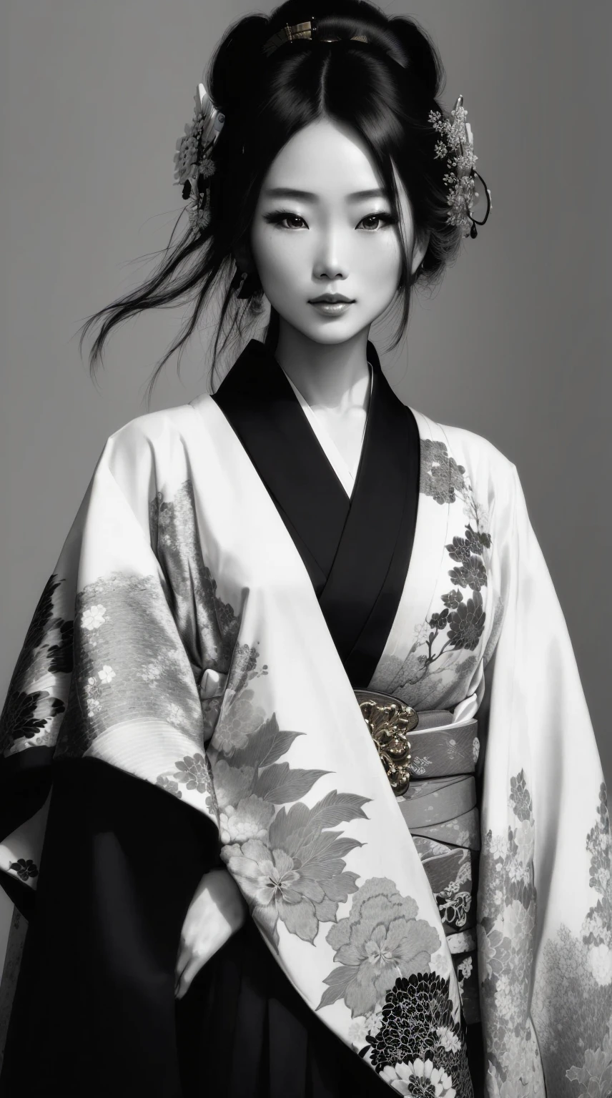 a woman in a kimono is posing for a picture, elegant japanese woman, in kimono, intricate geisha kimono, wearing kimono, japanese kimono, kimono, in a kimono, japanese model, inspired by Otake Chikuha, wearing a kimono, by Kanō Tan'yū, japanese woman, wearing a haori, highly detailed kimono