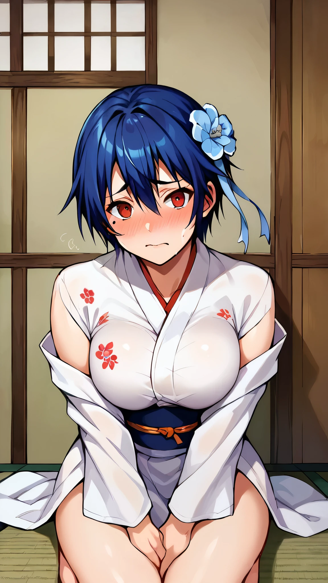 NSFW,masterpiece,Highest quality,High resolution,Super detailed,dawn_\(pokemon\),blue eyes, Blue Hair, Long Hair, Side Lock, Hair Clip,High-quality yukata,Embarrassed,blush,sake,Intoxication,Drunk,Inn at night,Japanese-style room,tatami,futon,(Middle-aged men),A man puts his hands on her waist and hugs her,Sitting,A man rubs his chest,Body touch,sexual harassment,Leg spread,Cheating,Cuckold,Falling into Pleasure