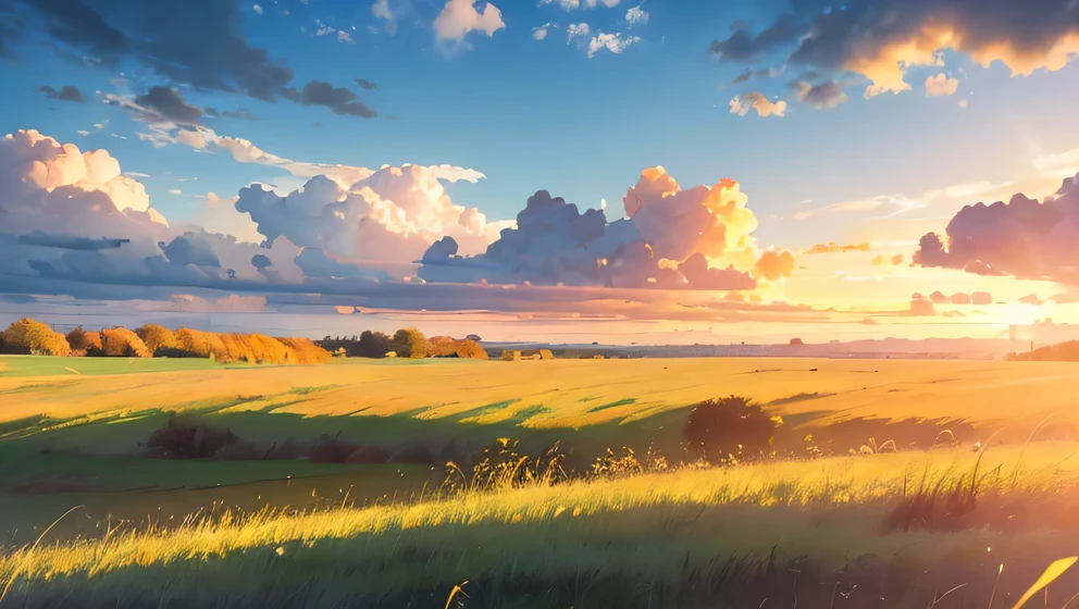 nature, (((Grassland: 1.4))), beautiful view 1.4, golden sky, (((Best Quality: 1.5))), (((Realistic: 1.7))), (cloud: 1.3), light