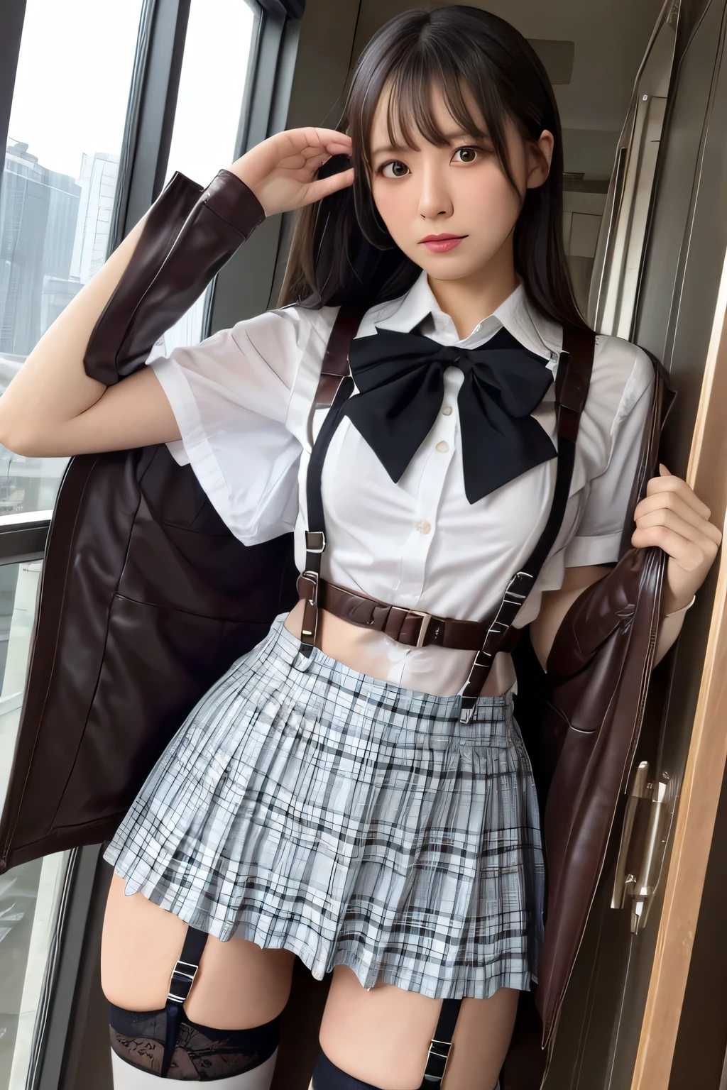 1 female, , high quality, masterpiece, Ultra-high resolution, Cinema Lighting, 1 female, , high quality, masterpiece, Ultra-high resolution, , Cinema Lighting, suspenders Moderate breasts Small face Looking up Sweat Thin belt buzzer 脇Sweat garter belt Belt on pants holster Hands behind your back Looking up Anxious face Knee-high Knee socks Knee-highソックス garter ふとももにgarter belt Checkered mini skirt Panty shot Skirt gap Armament holster holster Hands behind your back Anxious expression Anxious face, legs apart Armament Leg Holster holster See-through clothing heavy rain Rain-soaked dress shirt,Moderate breasts ガーターbelt suspenders Garter on the thigh Checkered mini skirt Looking up Pause belt Armpit sweat Hands behind back Raise your hands