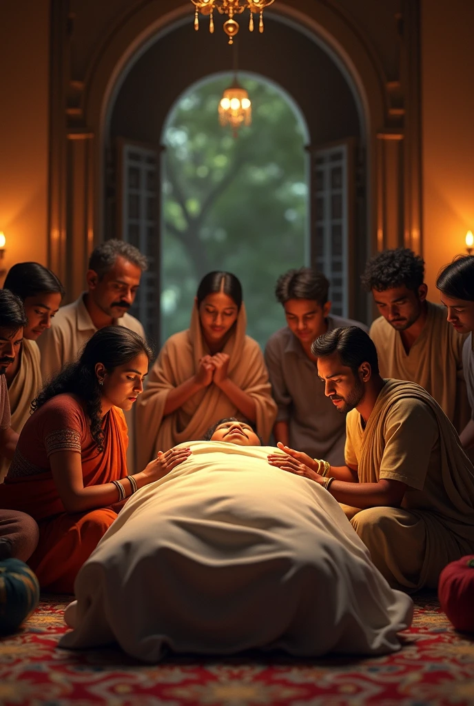 A cartoon-style scene depicting a traditional Indian funeral or cremation ceremony. The image shows a deceased man covered with a white cloth and adorned with garlands, lying on a cremation bed. Some male female Surrounding him are mourners dressed in traditional Indian attire, some with expressions of sadness and others appearing to cry and discuss something. A woman in a saree is gesturing with concern, while a man on the right appears to be handling a clay pot for the last rites. The background is rural cremation area.