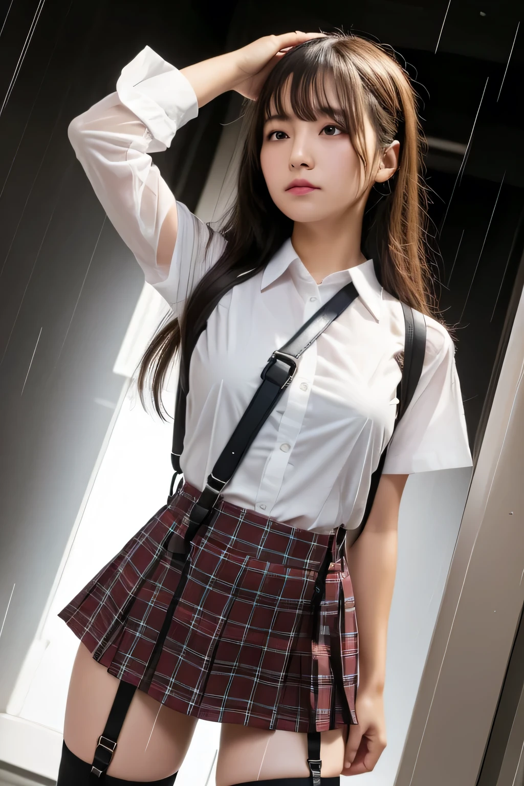 1 female, , high quality, masterpiece, Ultra-high resolution, Cinema Lighting, 1 female, , high quality, masterpiece, Ultra-high resolution, , Cinema Lighting, suspenders Moderate breasts Small face Looking up Sweat Thin belt buzzer 脇Sweat garter belt Belt on pants holster Hands behind your back Looking up Anxious face Knee-high Knee socks Knee-highソックス garter ふとももにgarter belt Checkered mini skirt Panty shot Skirt gap Armament holster holster Hands behind your back Anxious expression Anxious face, legs apart Armament Leg Holster holster See-through clothing heavy rain Rain-soaked dress shirt,Moderate breasts ガーターbelt suspenders Garter on the thigh Checkered mini skirt Looking up Pause belt Armpit sweat Hands behind back Raise your hands