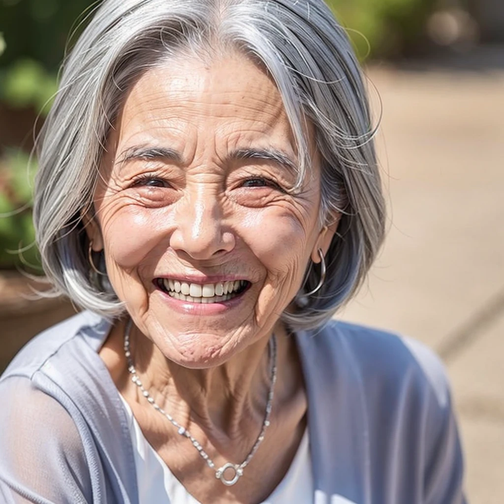 100-year-old grandmother、Gray Hair、The wrinkles are very deep、Mouth wrinkles、Missing teeth、Teeth are falling out、Thinning hair、smile、