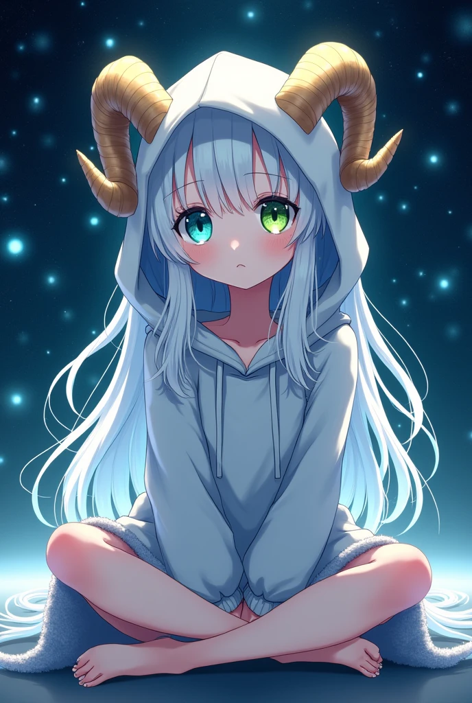 Ram&#39;s horn、Long white hair、10 years old、Anime Style、They have heterochromia, one eye is green and the other is blue.、Fluffy hoodie、The background is space、A vacant expression、Sitting cross-legged、Hands in front of you、No hood、