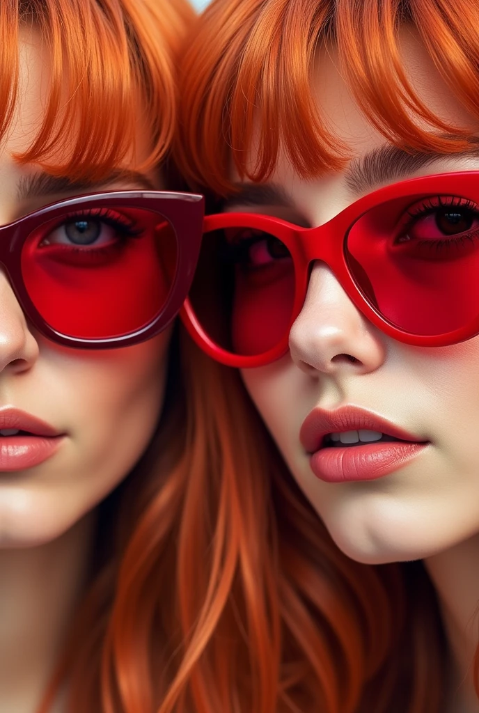 Two red-haired girls wearing red sunglasses [close-up photo], [glasses ad],
