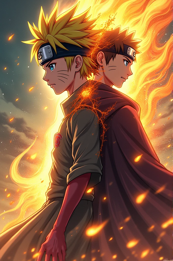 
make a picture of Naruto and Sasuke merging into one when Naruto is in Ashura mode and Sasuke is indra mode in 2 dimensions anime version 