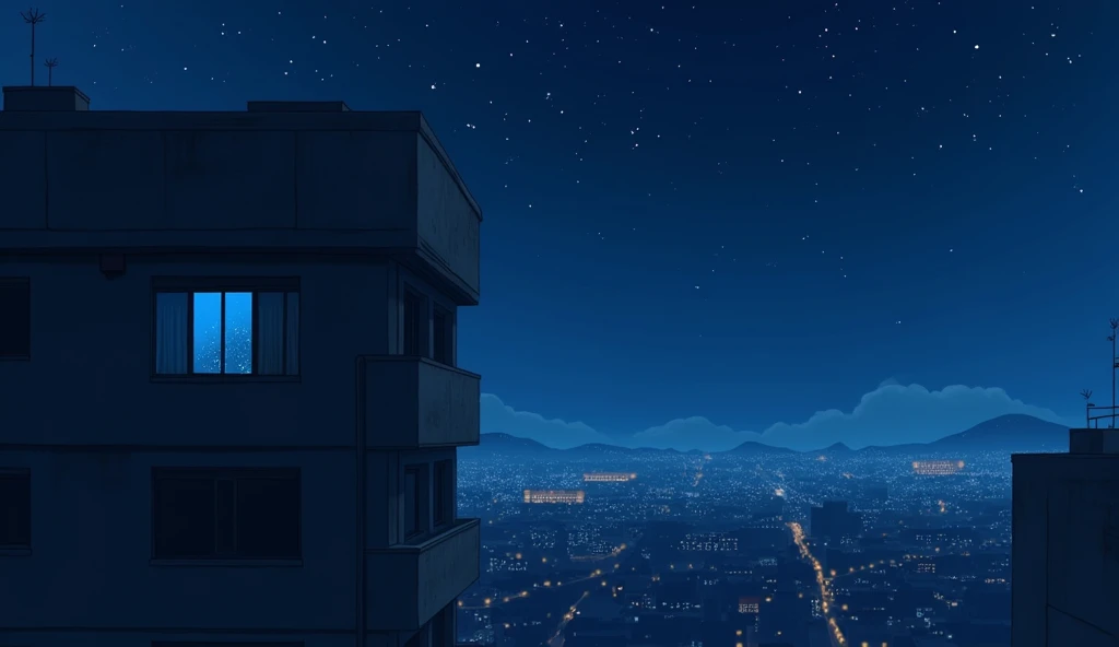 A 6-story apartment building,City,midnight,Starry Sky,a single window with a blue light on,Anime Style, Drone photography,High resolution, Anti-aliasing