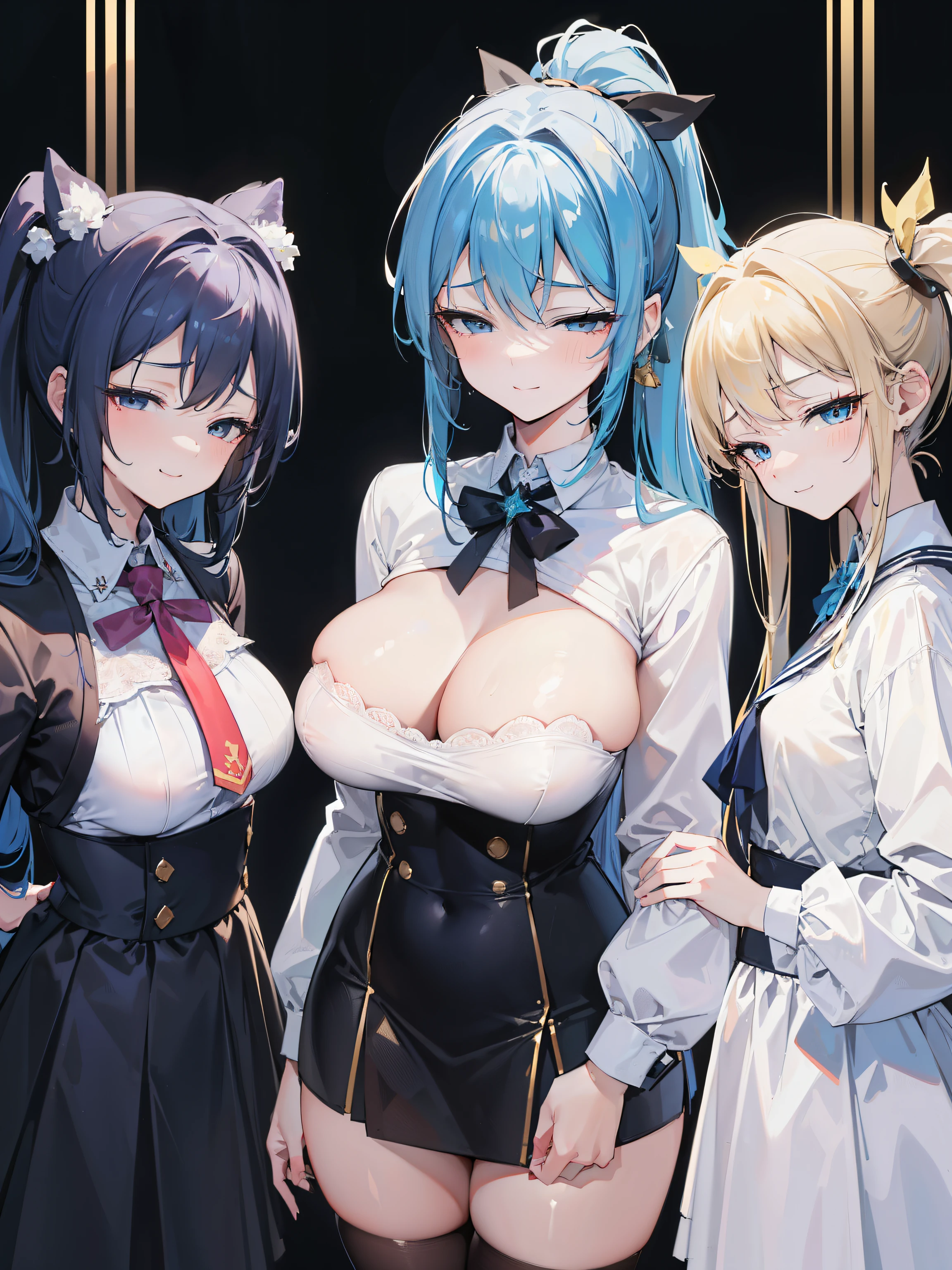 ((highest quality)), ((masterpiece)), (detailed), (Character Focus、breast focus,whole body), (three Girls:1.6), ((Girl 1, Blonde Hair、long Hair, Height 170, super very huge breasts, sexy, seductive)), ((Girl 2, Black hair、ponytail hair, Height 150, medium chest, cheerful, smile face)), ((Girl 3, blue hair、twintail hair, Height 120, flat small chest, innocent,)), wearing teacher uniform, class room, Sensual face