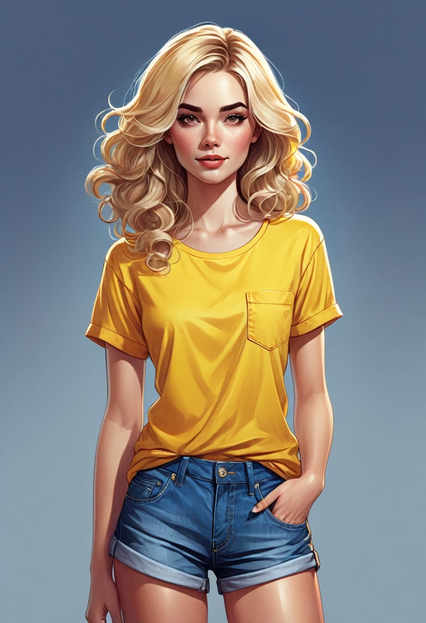 lack woman with blonde hair and a yellow shirt standing in denim shorts in digital illustration style, cartoon style illustration, highly detailed character design, Charlie Bowater style, colorful illustration, detailed fashion illustration, wavy hair, yellow theme.