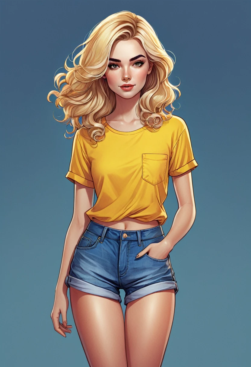 lack woman with blonde hair and a yellow shirt standing in denim shorts in digital illustration style, cartoon style illustration, highly detailed character design, Charlie Bowater style, colorful illustration, detailed fashion illustration, wavy hair, yellow theme.