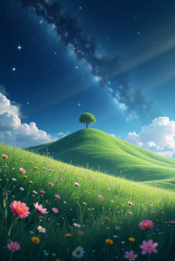 A small hill of grass with a few flowers growing on it in the universe