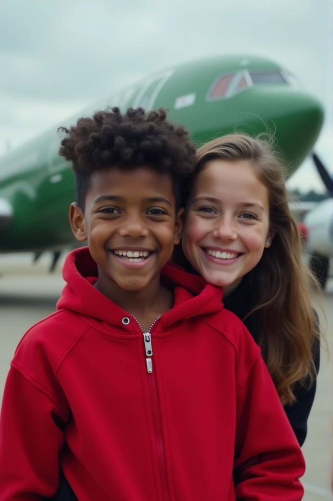 ,  a boy and a girl smiling. The boy, who is black and medium shiny hair   is wearing red hoodies and stands in front. The girl, who is light skin wearing black is positioned behind him. In the background, there's a green plane. Both the boy and girl look happy