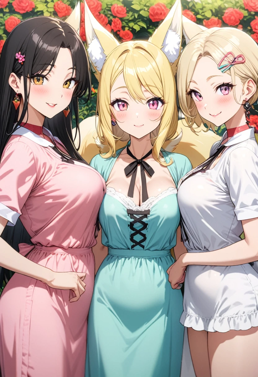 best quality, super fine, 16k, extremely detailed, delicate and dynamic, (3 women and 1 kitsune:1.4), milf woman, kitsune, pretty face,black hair, pink eyes, A detailed eye, source_anime, high detail, hair ornament,smile, mature features, looking at viewer, (garden background:1.3)fluffy hair, Villager womans,hair clips, Black butterflies,standing, Village dress, milf woman, belly button, skirt,beautiful illustrations, highest quality, pretty woman,beautiful woman ,clear face, pastel colour ,blonde hair, smile, blush, にこやかなsmile, thighs,perfect Hands,,Three Succubi (symmetrical succubus wings), gorgeous woman, (triplets:1.2), (ribbon:1.1), tie, Bree, earrings, beauty face, blushing smile,
