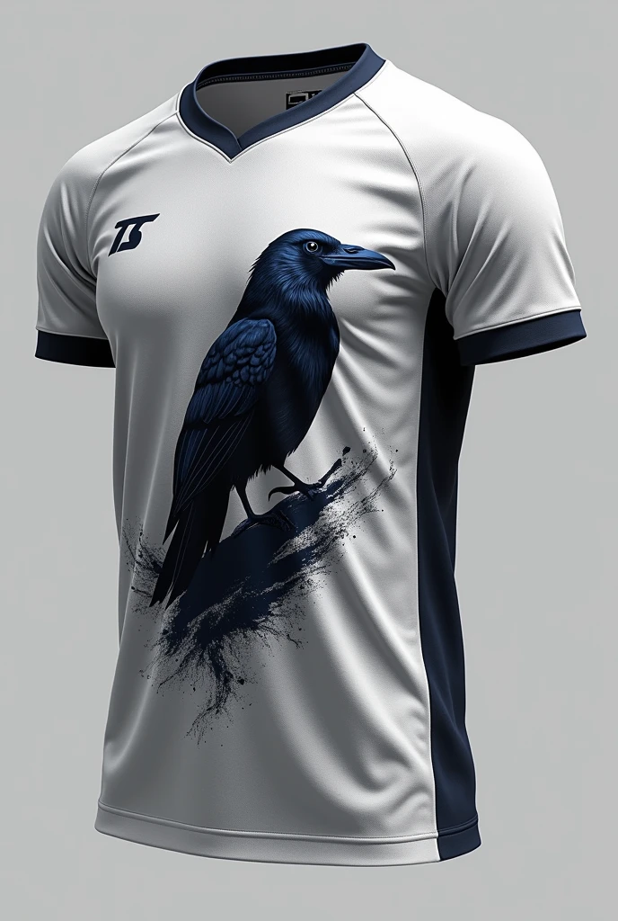 Please create volleyball jerseys in light grey white with a little black in the theme Raven Father with a raven as a motif and in the techno/ drogen style. please don&#39;t make it too bad, rather aesthetic and with drugs 