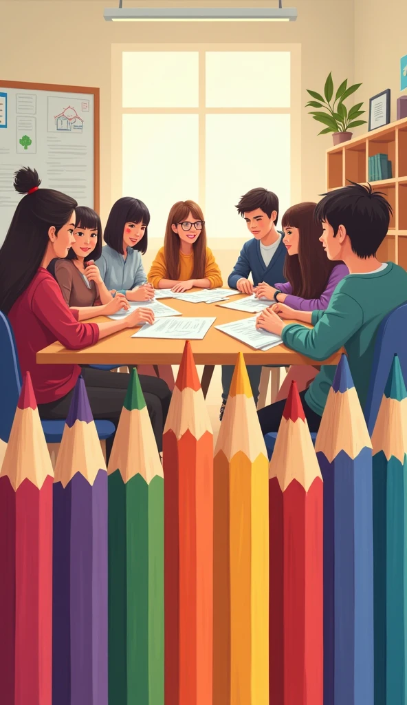 Create an image related to the class council, insert a row of colored pencils and add the name: Class Council