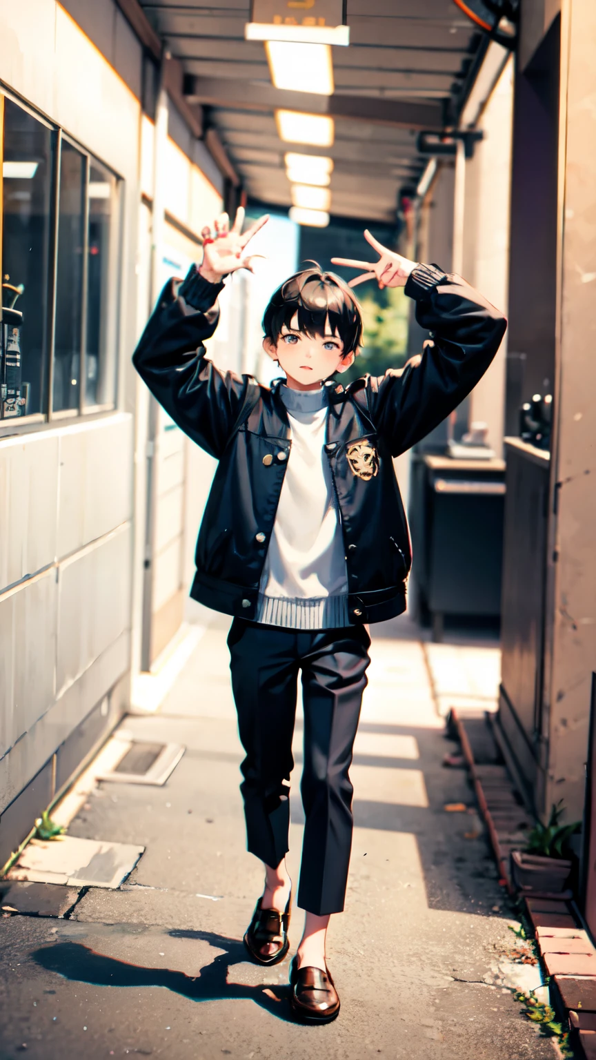 A boy with two hands in peace. He is wearing loafers.