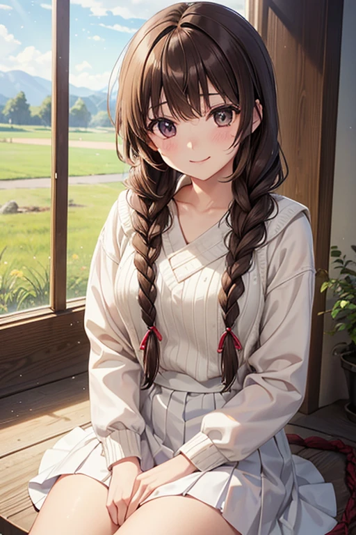 Yuno Shimazu、Shiny brown hair,Long Hair,  、((2 braids:1.5、Hair that falls over the shoulders)),Beautiful brown eyes、Sparkling eyes, Fine grain、smile、Ultra-detailed eyes、Highly detailed face, Highly detailed eyes,Cowboy Shot、

 

masterpiece, Highest quality, High resolution,  Black ribbed knit, Fits perfectly to the skin, BREAK white skirt,  Sitting, wariza,  Grass, Field,