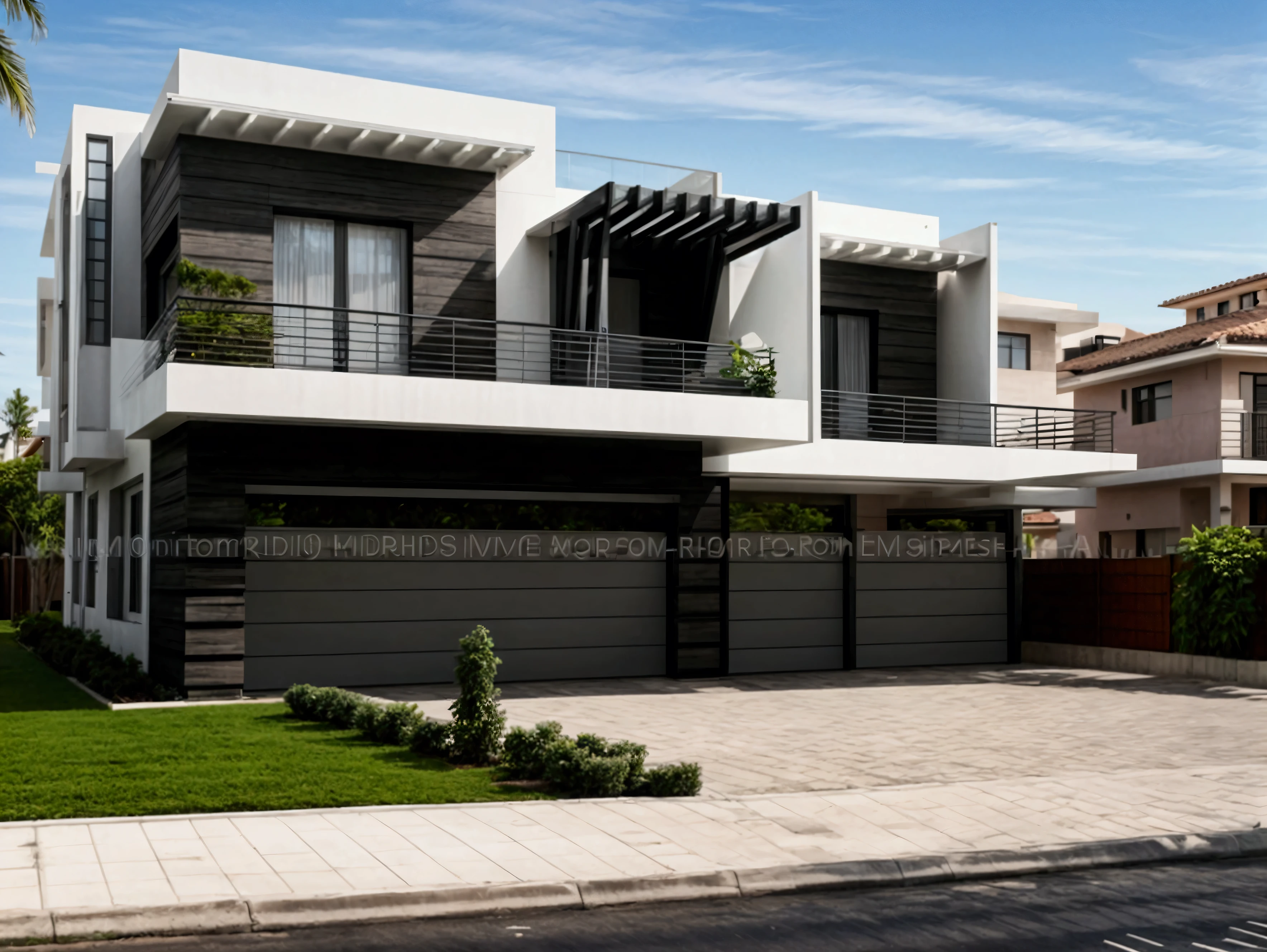 Large modern house facing a street, modern architecture house, big house, street in front of the house, (((front house))), ultra realisitic, the house is facing, the house is facing para uma rua, Condominium House, ((((front view from home)))), from front view !!!!