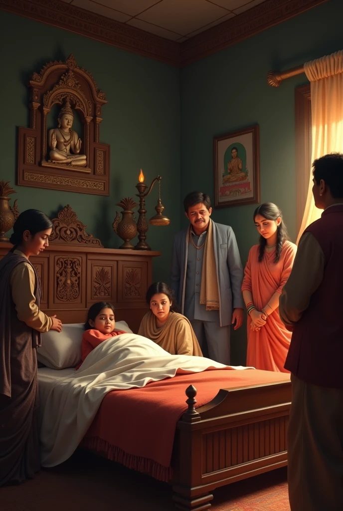  A somber scene of Ramanujan’s family and friends mourning by his bedside in a traditional Indian home. In 3d animation style