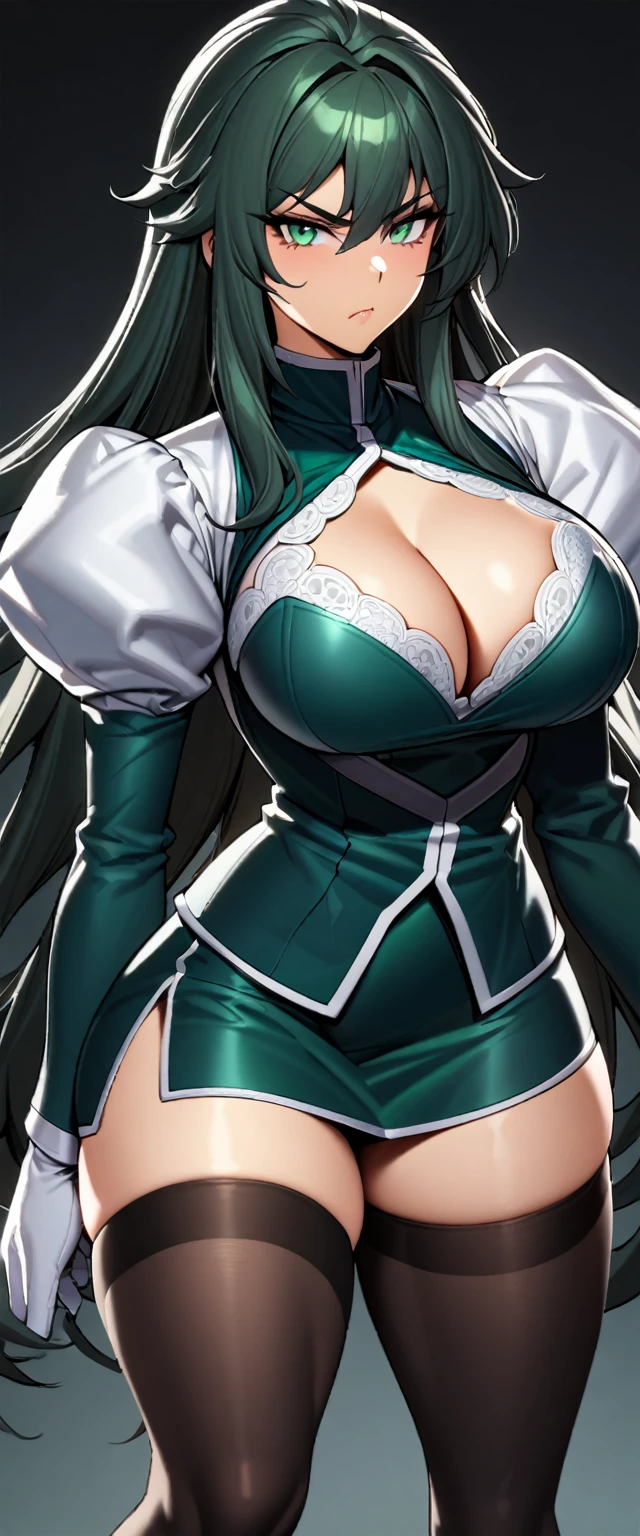 High detailed, kimtag, 1 girl, solo, Cyan eyes, messy long hair ((like Yang Xiao Long) dark Green eyes, big busty, big buson, firm chunky body white shirt, , deep cleavage, Juliet sleeves, pencil skirt, black thighhighs, white gloves, tall, serious