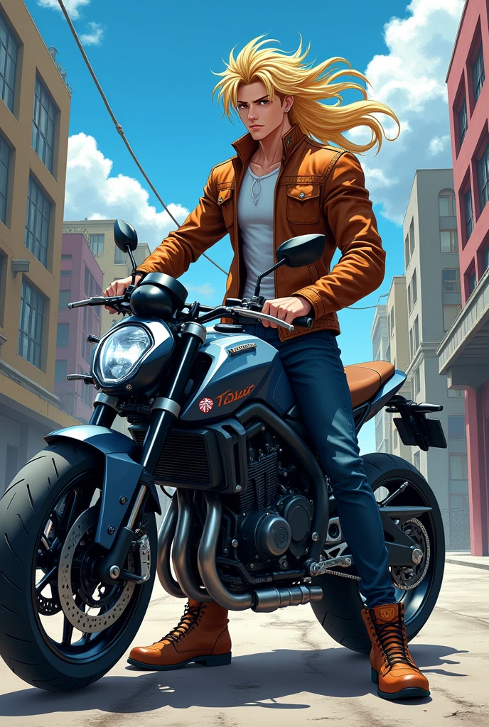 Anime Hot tall cute biker guy with blond down hair standing with bike
