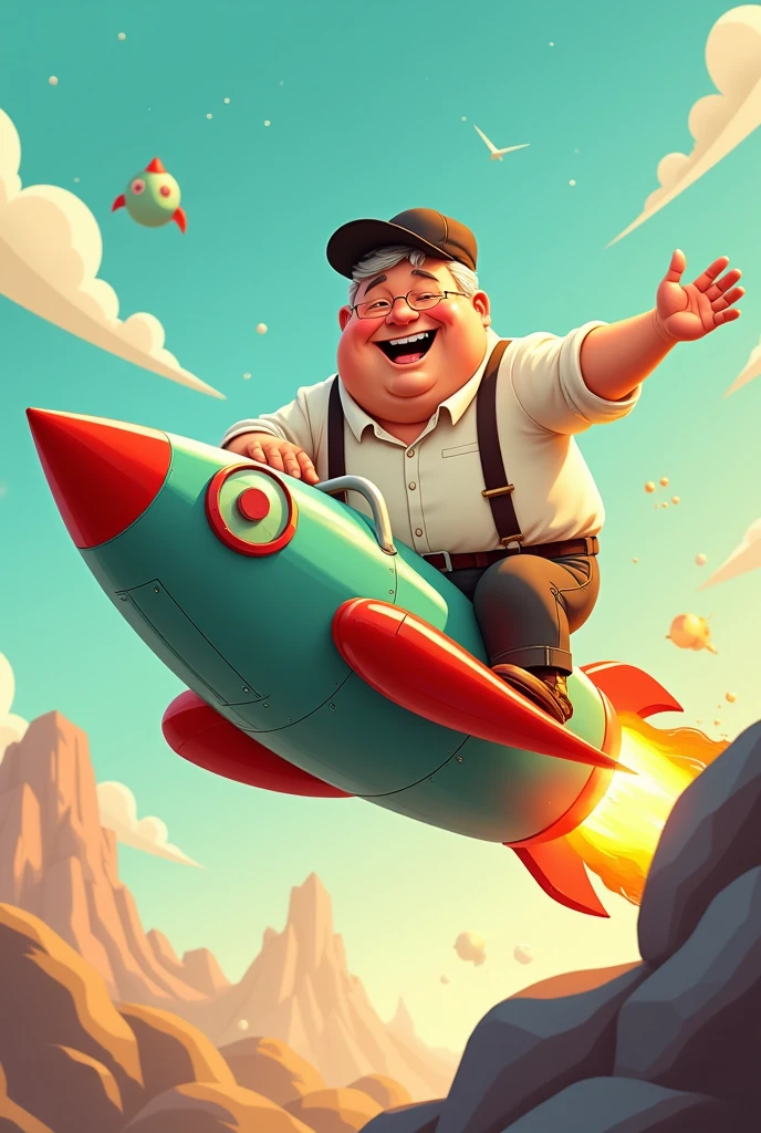 Cartoon image format, of a man , a little overweight, looking 50 years old, riding a rocket and pointing forward.