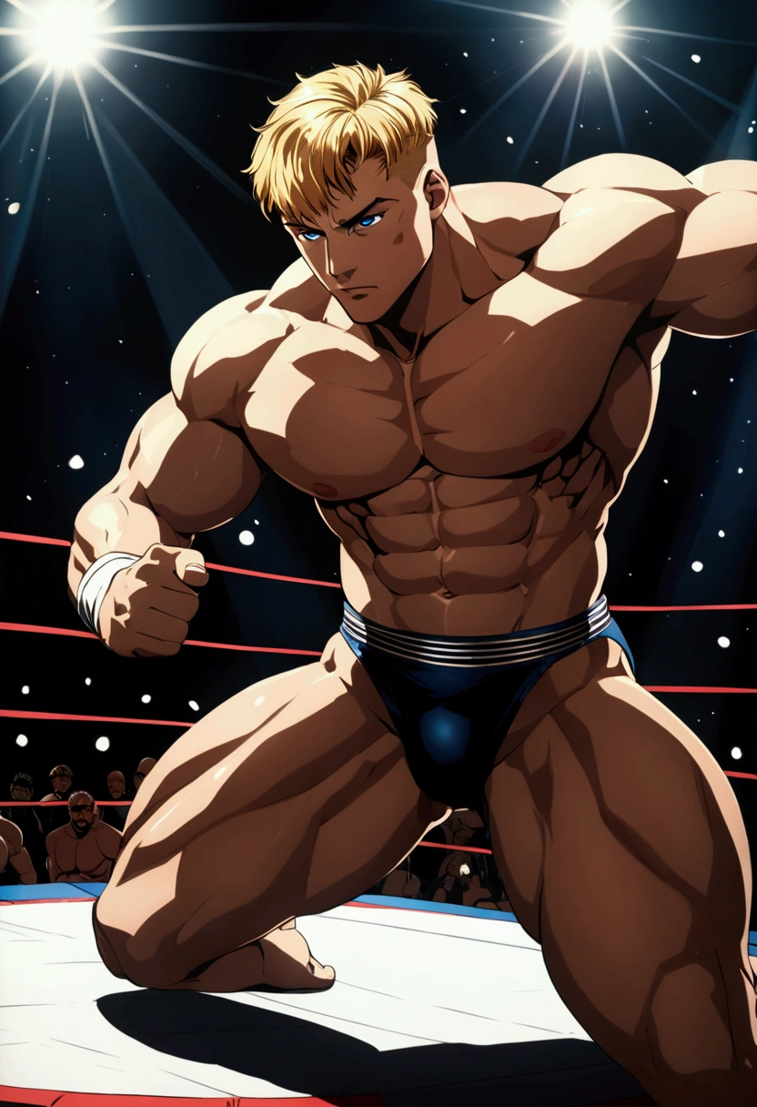 1guy, solid dude, gallant beau, blonde, tsurime, sanpaku, blue eyes, military haircut, 24yo, heavy weight muscular, handsome westler, BREAK ideal ratio body proportions, stocky waist, sharp eyes, beautiful detailed eyes, toned body, elder chinpira, dark pupil, BREAK solo, topless, black wrestling bikini, nipples, abs, fighting stance, hollywood action, on wrestling ring, detailed background, BREAK upperlegs, dramatic expression, dutch angle, 1990s, in capcom art style, in color comic style, cinematic shadows, cinematic lighting, lens flare, light leaks, VHS Quality, texture, absurdres absolutely resolution, extreme all detailed, greatest painting, BREAK masterpiece, best quality