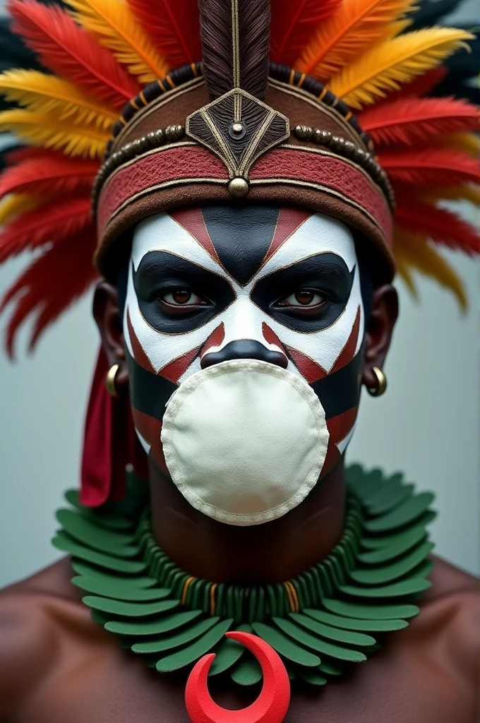 A dramatic headshot of a Papua New Guinean Highlander warrior with intricate face paint in stark white, black, red, and yellow. A large, circular white disc covers the warrior’s mouth. The warrior wears a towering headdress adorned with black, red, yellow, pink, and green feathers, accented with beads and shells. A layered necklace of green leaves with a prominent red crescent moon pendant adorns the warrior's neck. The warrior's chest is adorned with a red plate featuring a yellow crescent moon.
