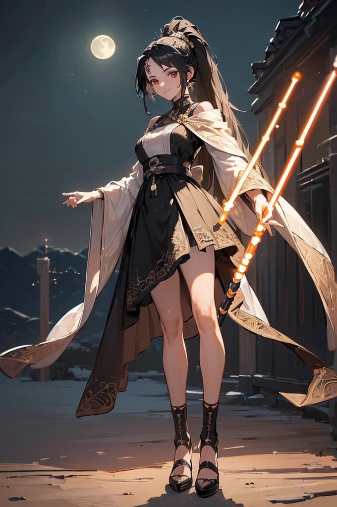 ((((High resolution, Intricate details, masterpiece, 8k)))), (((beautiful, Lightsabers))), ((One Woman, full body, Are standing)), (Black Hair, parted bangs, forehead, Long Hair, ponytail, slender), from front, looking at viewer, look at viewer, smile, desert, night, moon,