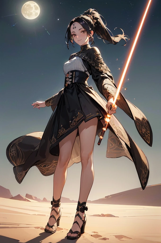 ((((High resolution, Intricate details, masterpiece, 8k)))), (((beautiful, Lightsabers))), ((One Woman, full body, Are standing)), (Black Hair, parted bangs, forehead, Long Hair, ponytail, slender), from front, looking at viewer, look at viewer, smile, desert, night, moon,