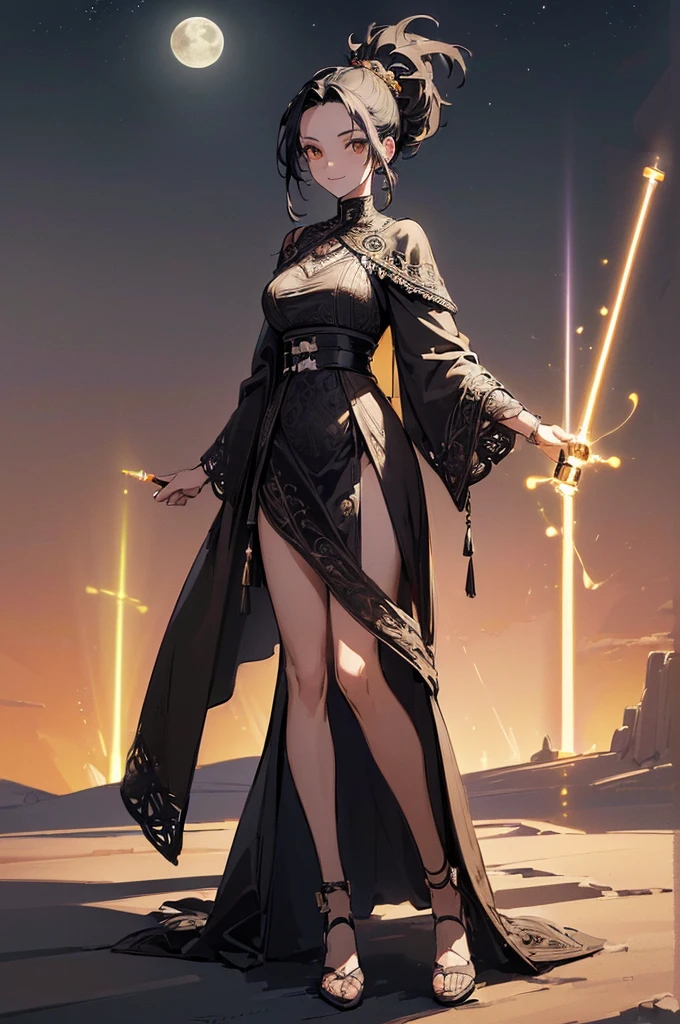((((High resolution, Intricate details, masterpiece, 8k)))), (((beautiful, Lightsabers))), ((One Woman, full body, Are standing)), (Black Hair, parted bangs, forehead, Long Hair, ponytail, slender), from front, looking at viewer, look at viewer, smile, desert, night, moon,