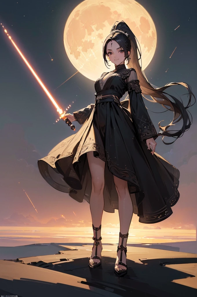 ((((High resolution, Intricate details, masterpiece, 8k)))), (((beautiful, Lightsabers))), ((One Woman, full body, Are standing)), (Black Hair, parted bangs, forehead, Long Hair, ponytail, slender), from front, looking at viewer, look at viewer, smile, desert, night, moon,
