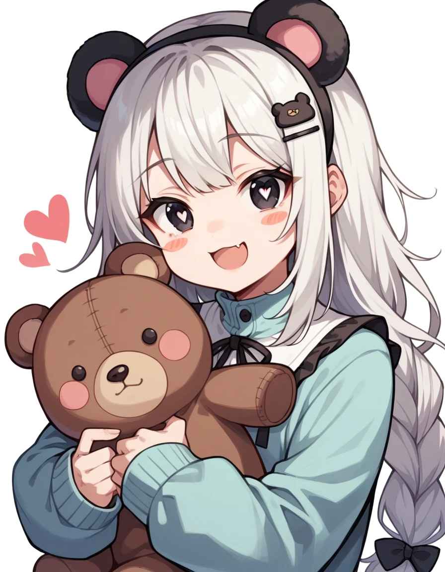 , 1girl, animal ears, hair ornament, smile, white hair, simple background, long hair, solo, open mouth, white background, bear ears, heart, bangs, :d, fang, braid, fake animal ears, black eyes, stuffed toy, blush stickers, hairband, upper body, long sleeves, black hairband, stuffed animal, holding, blush, :3, hairclip, symbol-shaped pupils, bear hair ornament