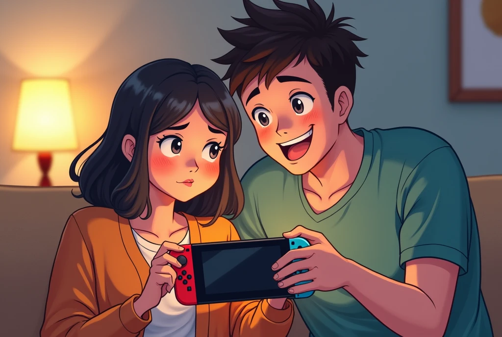 A playful scene of a couple: a girl, engrossed in a Nintendo Switch game, is about to have her console taken away by her taller, handsome boyfriend with distinctive hair.