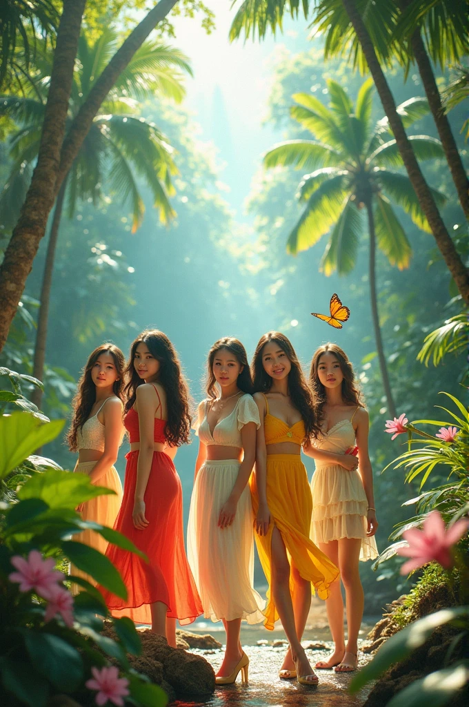 I'm taking photos for a new concept album. Create a concept photo of a girl group in a summer tropical forest 