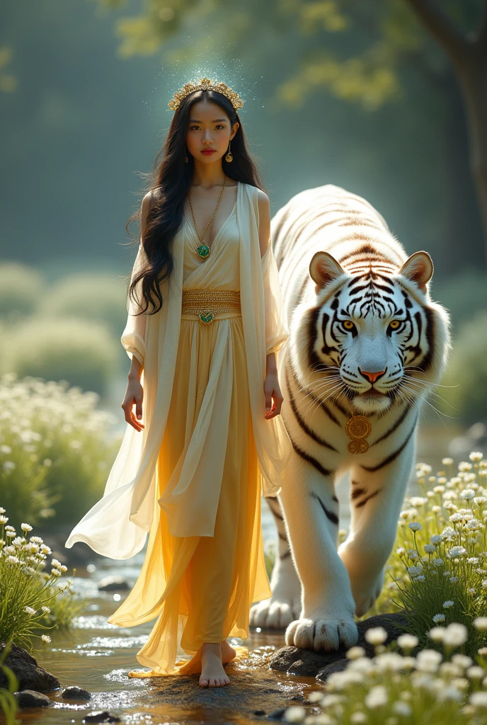 Full-body portrait. Young woman, beautiful face, gentle and soft, white skin, 21 years old, long black hair, wearing a light yellow ancient Dusit Thai dress, wearing a beautiful and exquisite Navagraha belt, a white and gold shawl, sparkling. Full-body portrait. Wearing a small crown on the head decorated with emeralds, glowing with light, aura around the body, on the side is a large white tiger with blue eyes, wearing gold accessories, walking beside the young woman, in the middle of a field of small white flowers, on the edge of a stream, glowing with beautiful light. Oil painting, 3D painting, beautiful and clear. Art painting by Professor Chalermchai.