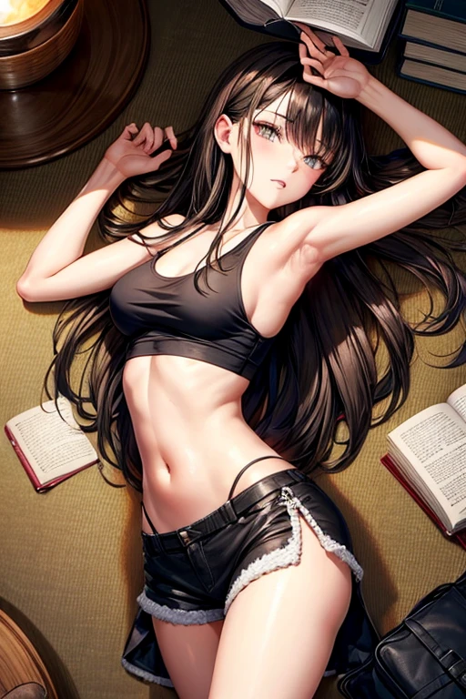Draw a female character with long black hair reaching her waist and light brown eyes. Thin with small breasts and a big, perky butt. Character is lying on the living room carpet reading a magic book wearing black shorts and a black tank top. Lying on her back reading a magic book. from above view. lightbrown eyes. Sexy slim body with a big and delicious ass.