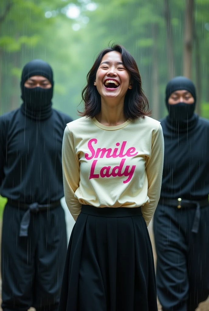 photograph。4K。Japan female, 39 years old。 Wearing a cream long-sleeved T-shirt with a「smile lady」Printed in pink cursive。 Wearing a long black skirt。 She's in a waterlogged forest with a torrential downpour、With both hands held behind her back by ninjas、Tickled and bursting into laughter。
