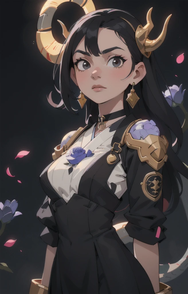 Seven Rhaeyar (Deylta), Ancient Star goddess, Perfect female anatomy (Royalty, Adult Female, 166cm in height, Cool pale skin, slim, slender, 34D breast size, Long Jet Black Hair, Gray Colored Iris , a set of Jet black colored horns on her head), Neutral facial expression, Elegant black uniform dress, female choker accessory with silver complimentary jewelry, dragon motifs, Black rope accessories, Simple Background, receiving light from the front, the focal point is her face, Ethereal glow, Blue Rose petals falling, Japanese inspired, bring her very close up, face image, detailed features, high quality resolution, shoulder up portrait