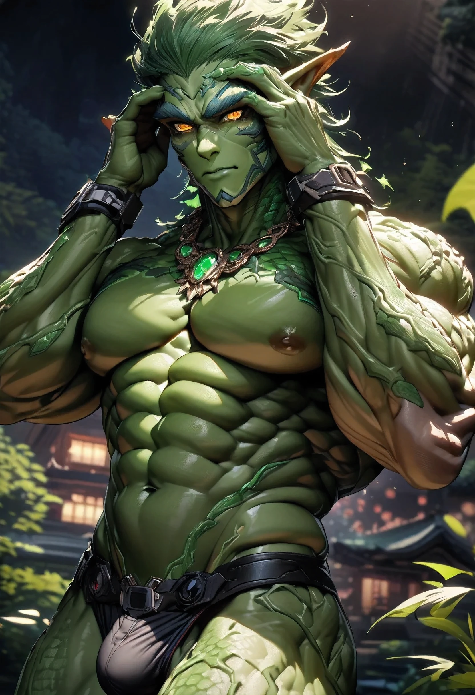 (((intricate design))) (((professional))) (((clear focus))) (((32k UHD Resolution))) (((photorealistic))) (((hyper-detail))) (((masterpiece))), ultra-realistic, expressive eyes, perfect face, mesmerising eyes, perfectly detailed anatomy, low contrast, a digital render (((Volumetric lighting))) (((natural lighting))) (((nighttime))) (((1Male))) (((Bodybuilder))), (((muscular))), (((hyper pecs))) there is a sexy mature man with green paint on his body, slick shaved sides hairstyle, ((thighs)) bodily fluids, round butt, green coloured skin, gay, green skin! (((green coloured skin!!))), (((green skin))). (((green-skinned))), (((wearing BDSM gear))) ((green skin with scales)), ((green skin)), (((strong))) windy, (((greenish skin))) plantation on the male body, fluorescent green skin, (((radiant orange eyes))), extremely windy, grass, leaves falling (((a powerful nature deity))), elf ears, druid magic, green gem necklace, hot reptile muscular humanoid man, scales, muscular green body. Glowing veins, nature spirit (((in a Japanese garden))) Hands on eyes, bulge