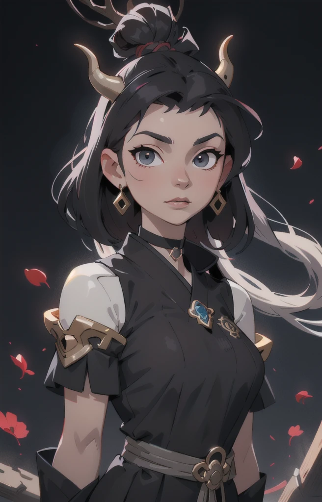 Seven Rhaeyar (Deylta), Ancient Star goddess, Perfect female anatomy (Royalty, Adult Female, 166cm in height, Cool pale skin, slim, slender, 34D breast size, Long Jet Black Hair, Gray Colored Iris , a set of Jet black colored horns on her head), Neutral facial expression, Elegant black uniform dress, female choker accessory with silver complimentary jewelry, dragon motifs, Black rope accessories, Simple Background, receiving light from the front, the focal point is her face, Ethereal glow, Blue Rose petals falling, Japanese inspired, bring her very close up, face image, detailed features, high quality resolution, shoulder up portrait