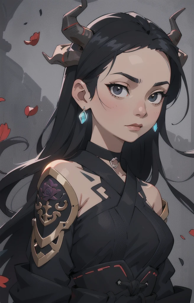 Seven Rhaeyar (Deylta), Ancient Star goddess, Perfect female anatomy (Royalty, Adult Female, 166cm in height, Cool pale skin, slim, slender, 34D breast size, Long Jet Black Hair, Gray Colored Iris , a set of Jet black colored horns on her head), Neutral facial expression, Elegant black uniform dress, female choker accessory with silver complimentary jewelry, dragon motifs, Black rope accessories, Simple Background, receiving light from the front, the focal point is her face, Ethereal glow, Blue Rose petals falling, Japanese inspired, bring her very close up, face image, detailed features, high quality resolution, shoulder up portrait