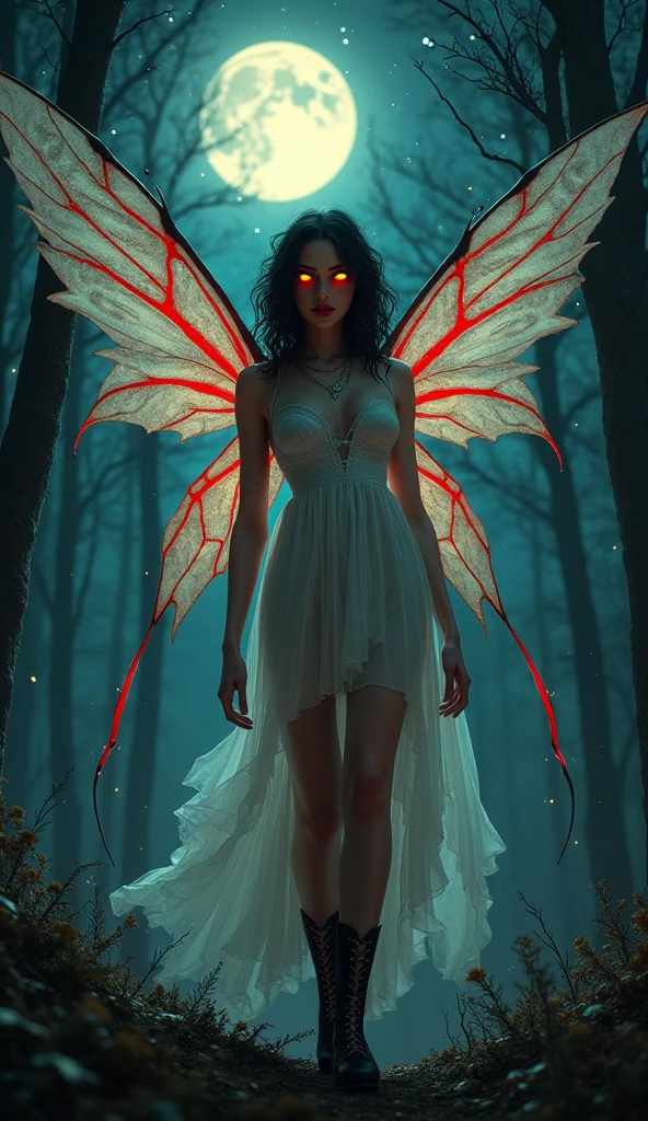 a picture of an exquisite beautiful female fairy standing under the starry night sky at the dark forest, full body (ultra detailed, Masterpiece, best quality), ultra detailed face (ultra detailed, Masterpiece, best quality), ultra feminine, red skin,  black hair, wavy hair, dynamic eyes color, yellow glowing eyes, intense eyes, red lips, [fangs], wearing white dress, dark elegant style dress (ultra detailed, Masterpiece, best quality), black and red butterfly's wings (ultra detailed, Masterpiece, best quality), red veins, wearing high heeled boots, sky full of stars background, moon, best details, best quality, 16K, [ultra detailed], masterpiece, best quality, (ultra detailed), full body, ultra wide shot, photorealism, dark fantasy art, gothic art Larry Elmore style,