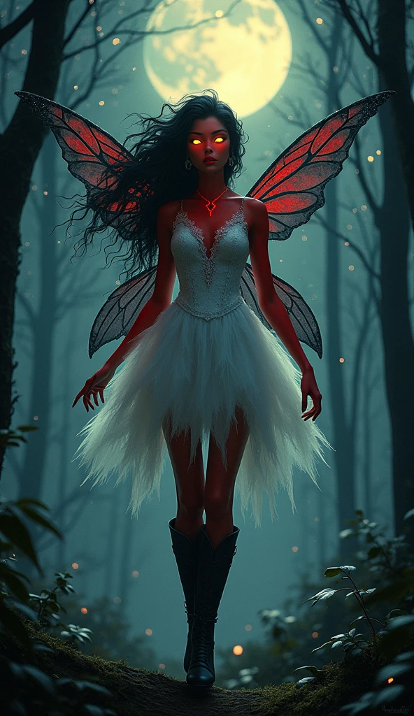 a picture of an exquisite beautiful female fairy standing under the starry night sky at the dark forest, full body (ultra detailed, Masterpiece, best quality), ultra detailed face (ultra detailed, Masterpiece, best quality), ultra feminine, red skin,  black hair, wavy hair, dynamic eyes color, yellow glowing eyes, intense eyes, red lips, [fangs], wearing white dress, dark elegant style dress (ultra detailed, Masterpiece, best quality), black and red butterfly's wings (ultra detailed, Masterpiece, best quality), red veins, wearing high heeled boots, sky full of stars background, moon, best details, best quality, 16K, [ultra detailed], masterpiece, best quality, (ultra detailed), full body, ultra wide shot, photorealism, dark fantasy art, gothic art Larry Elmore style,