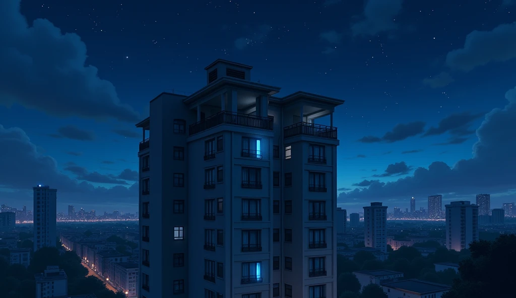 A 6-story apartment building,Residential Street,City,midnight,Starry Sky,a single window with a blue light on,Anime Style, Drone photography,High resolution, Anti-aliasing