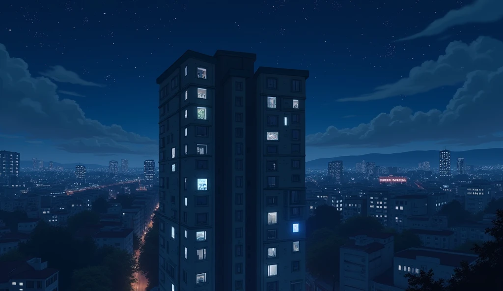 A 6-story apartment building,Residential Street,City,midnight,Starry Sky,a single window with a blue light on,Anime Style, Drone photography,High resolution, Anti-aliasing