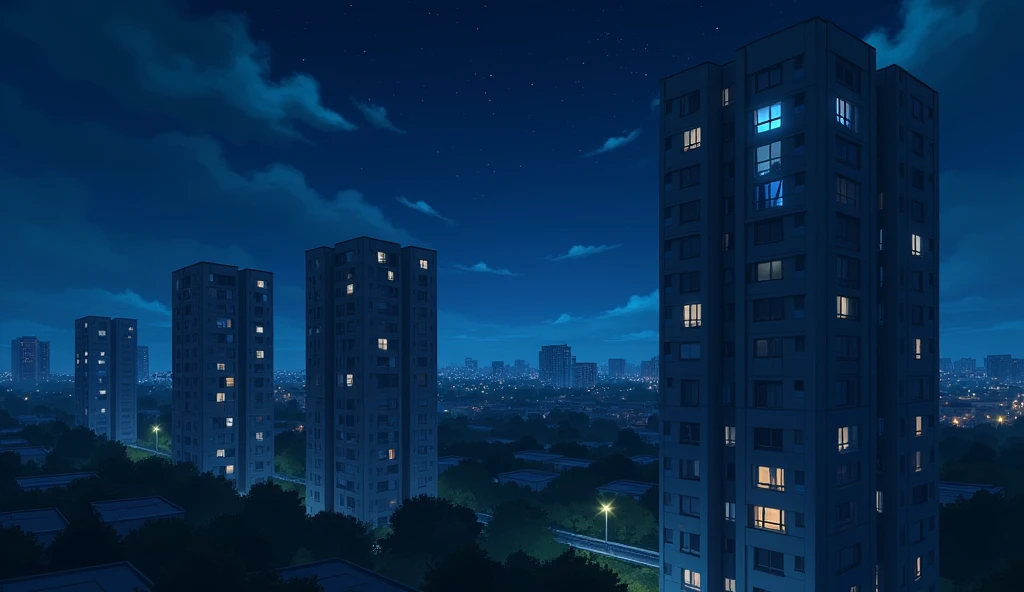 A 6-story apartment building,Residential Street,City,midnight,Starry Sky,a single window with a blue light on,Anime Style, Drone photography,High resolution, Anti-aliasing