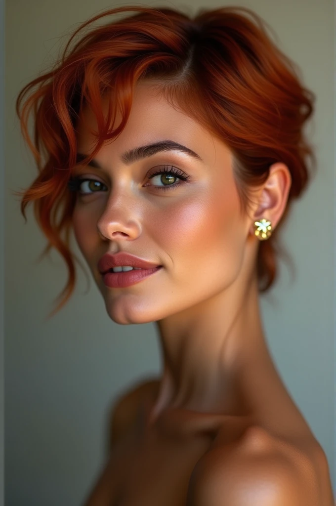 A beautiful woman with short_red_hair, 37 years old, bronze Latin complexion