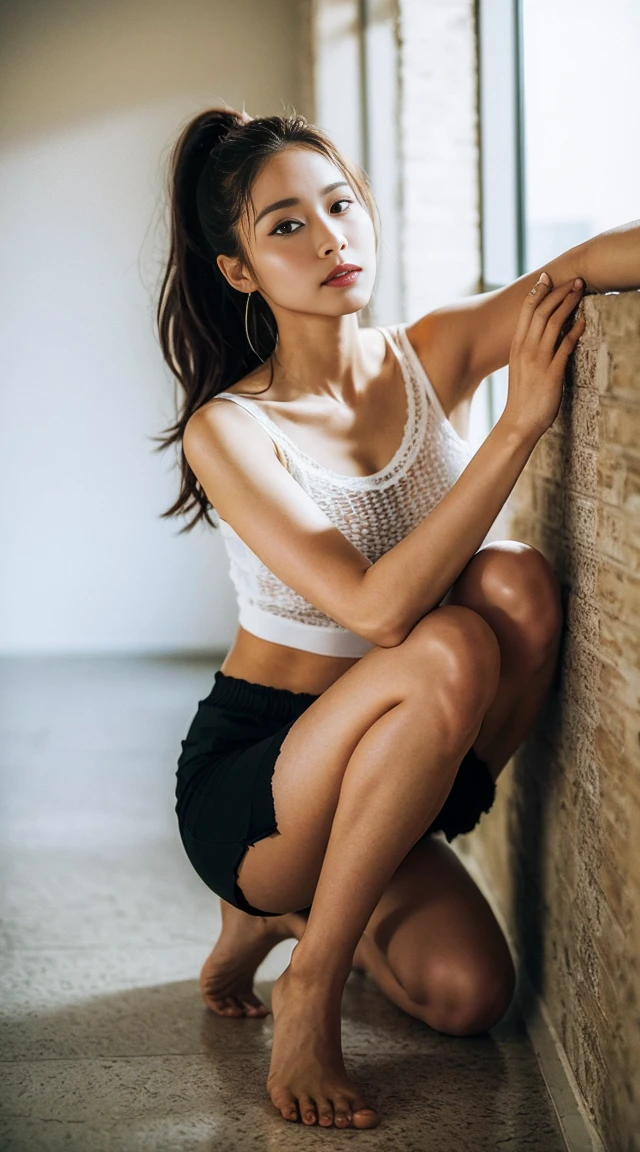 Dark brown hair、Light brown eyes、Japanese actress、 Lady、I am about 40 years old.......、(Intricate details:1.2)、 (Ultra-high resolution:1.2)、Ultra-high resolution、(fine adjustment)、(Detailed facial features)、Hmph、8k resolution、D cup size breasts、Long Hair、Bright terrace room with sunlight streaming in、Large windows、Extravagant space、relax、、,Full body photo、Head to toe shot、Beautiful feet、black Loose fit openwork T-shirt、Underwear shorts、Beautiful feet、Bright terrace room with sunlight streaming in、she, household items, (plant:0.8), Fashion Hub, Very detailed, Very detailed, Realistic, Hourglass Shaped Body, Obscene pose,、Messy Hair、Messy ponytail、Leaning against a wall、I cry a lot、tears、Skin is visible through the knit、White floor、White wall、A masterpiece of transparent painting、