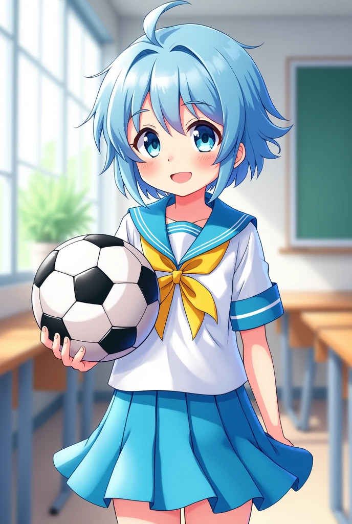 Light blue hair、Neckline short、Very Short Hair、Big light blue eyes、Water-colored eyebrows、Only the sideburns are long、Light blue sailor suit、Light blue pleated skirt、Big yellow ribbon、classroom、Holding a soccer ball、smile、Saki Nijino、Tokimeki Memorial